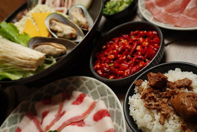 High angle view of food served on table