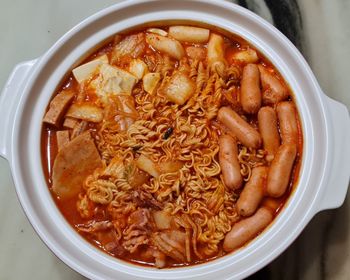 High angle view of soup in bowl