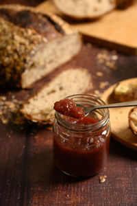 High angle view of jam on table