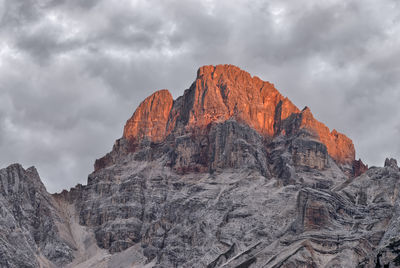 Low angle view of rock formations against cloudy sky