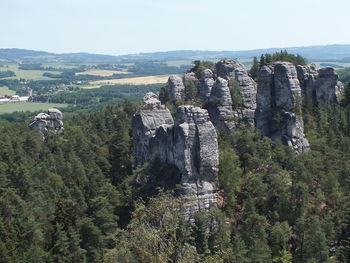 Panoramic view of landscape and mountains against clear sky