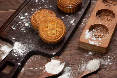 High angle view of cookies on table