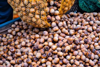 Fresh bio hazelnuts in a street market ready for selling and eating in autumn