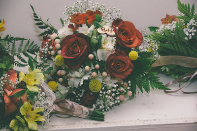 High angle view of wedding bouquet on table