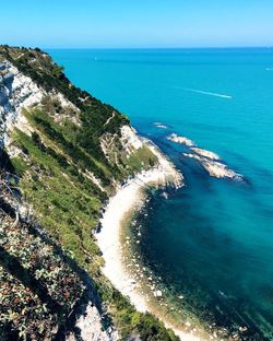 High angle view of beach against blue sky