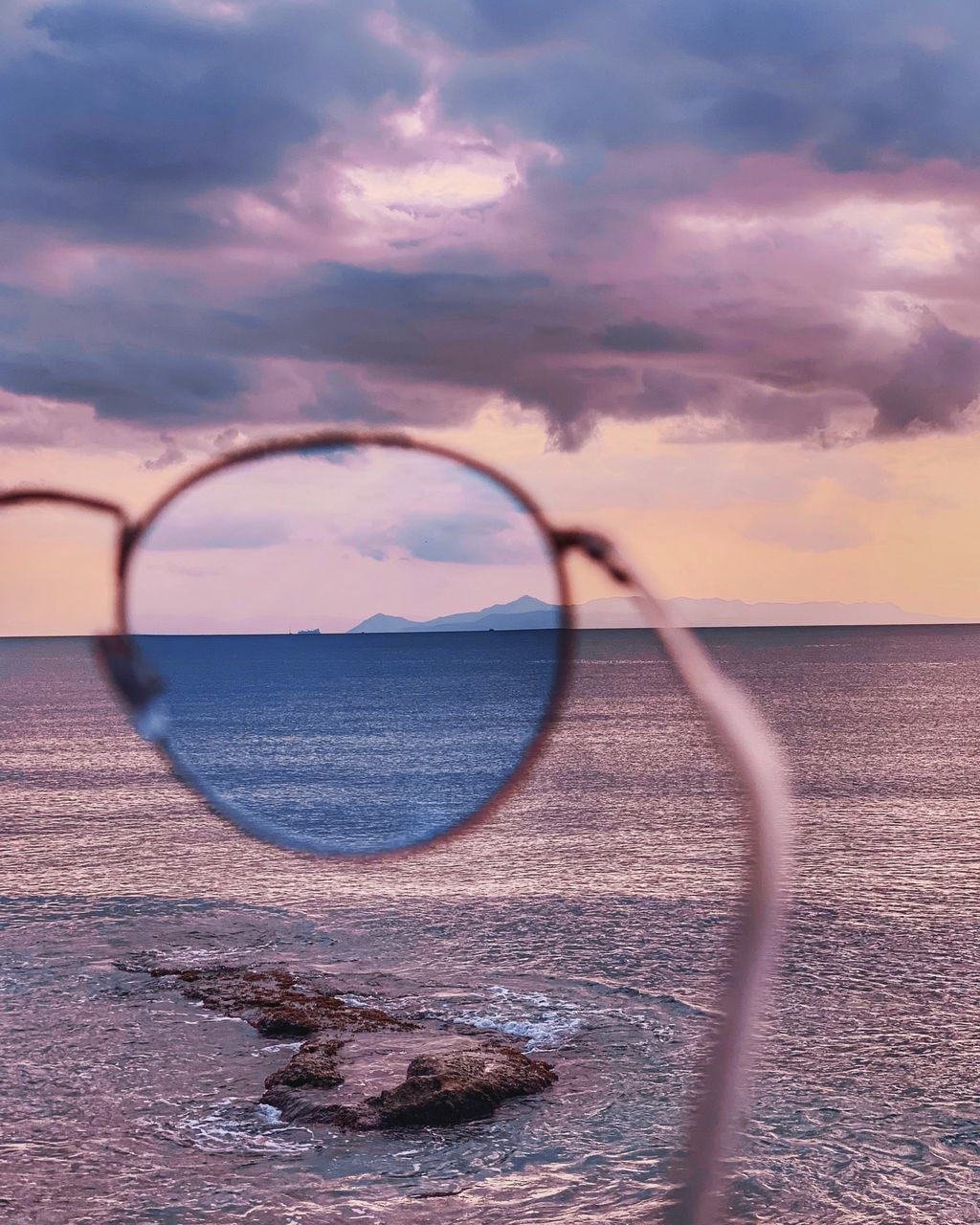 sky, water, sea, cloud - sky, beauty in nature, sunset, scenics - nature, nature, horizon over water, land, tranquil scene, tranquility, beach, horizon, no people, reflection, idyllic, glasses, outdoors, digital composite