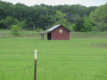 House on field against trees and plants