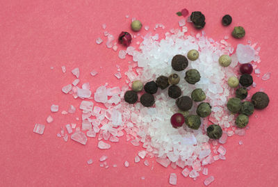 High angle view of pink petals on table