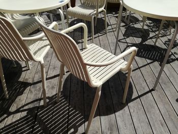 High angle view of empty chairs and tables in restaurant