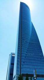 Low angle view of skyscrapers against blue sky