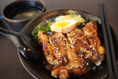 High angle view of meat in bowl on table