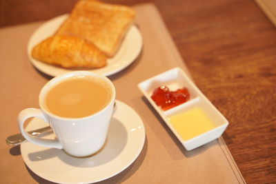 High angle view of breakfast on table