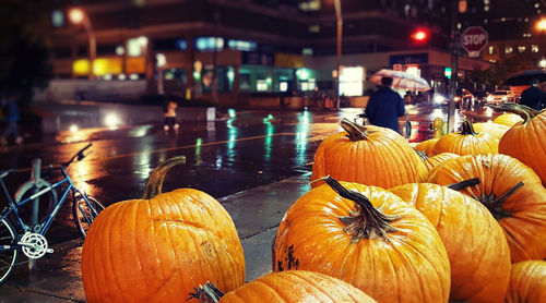 View of pumpkins in city at night