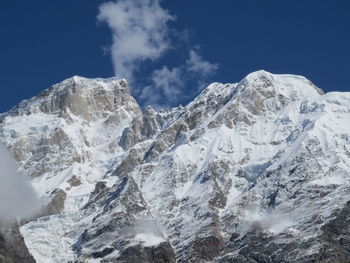 Low angle view of snowcapped mountains against sky