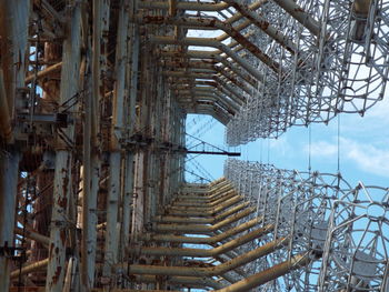 Low angle view of duga radar against sky