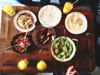High angle view of mexican food served on table at home
