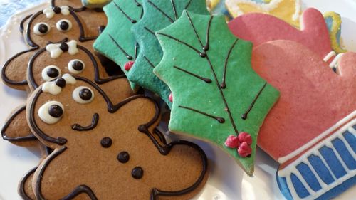 High angle view of holiday cookies on table