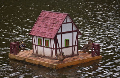 High angle view of birds house by lake against building