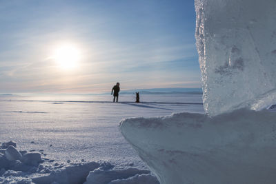 Rear view of man walking at beach against sky during sunset