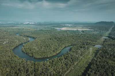 High angle view of land against sky