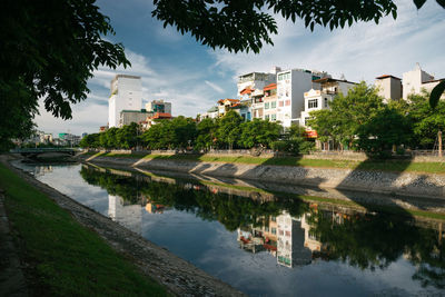 Reflection of trees and buildings in lake