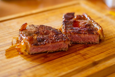 Close-up of meat on barbecue grill