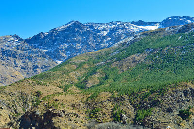 Scenic view of mountains against clear blue sky