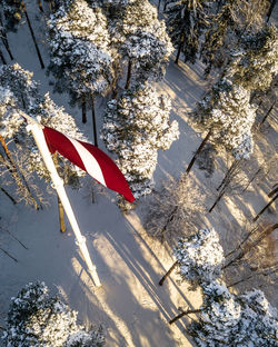 High angle view of flag amidst trees during winter