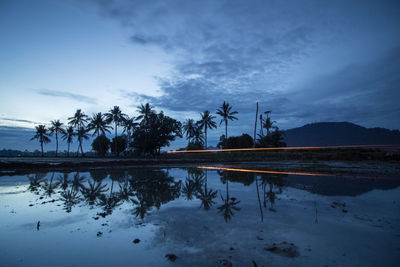 Reflection of trees in water against sky