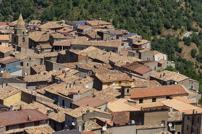 High angle view of buildings in town