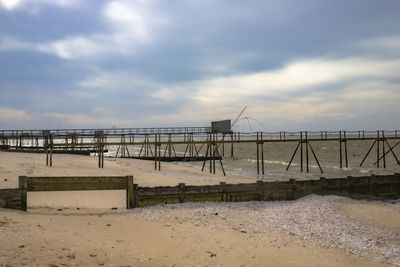 Pier on beach against sky