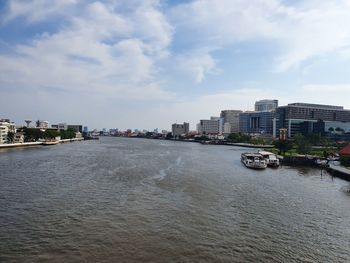View of river and buildings against sky