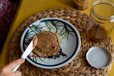 High angle view of breakfast on table