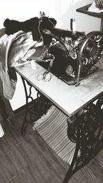 High angle view of chairs on table at home