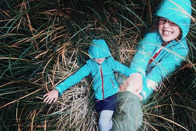 Double exposure image of girl on grass