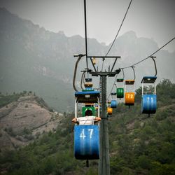 Overhead cable car against mountains