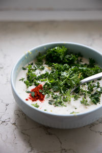 Close-up of soup in bowl on table