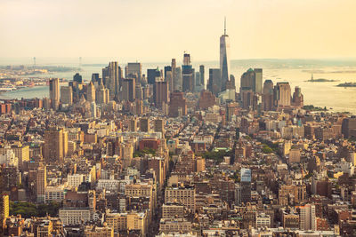 View of manhattan from the top angle at sunset. skyline of manhattan in new york city