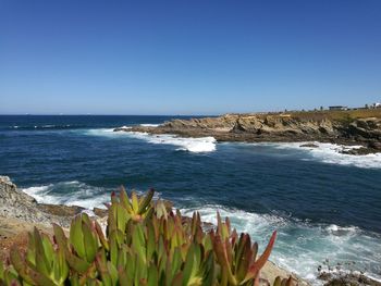 Scenic view of sea against clear blue sky