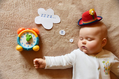 High angle view of cute baby toy at home