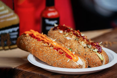 Close-up of food served on table