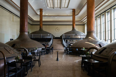 Empty chairs and tables in restaurant