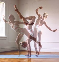 Multiple image of young woman exercising in yoga studio