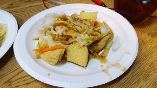 High angle view of food in plate on table