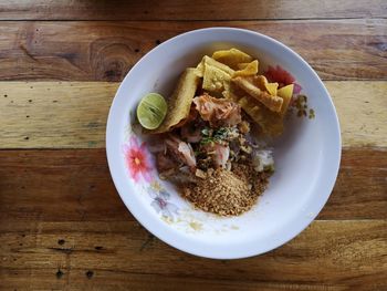 High angle view of meal served on table