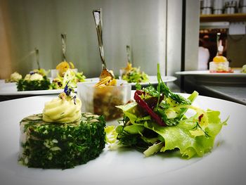 Close-up of food served in tray on table