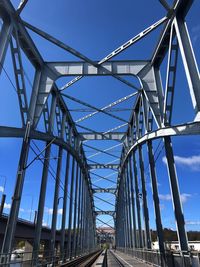 Low angle view of bridge against clear blue sky