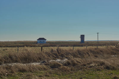 Built structure on field against clear sky