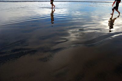 Low section of man standing on wet shore