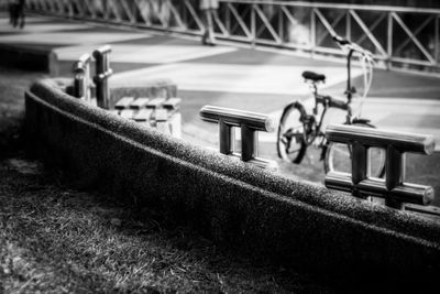 Close-up of toy bicycle on field